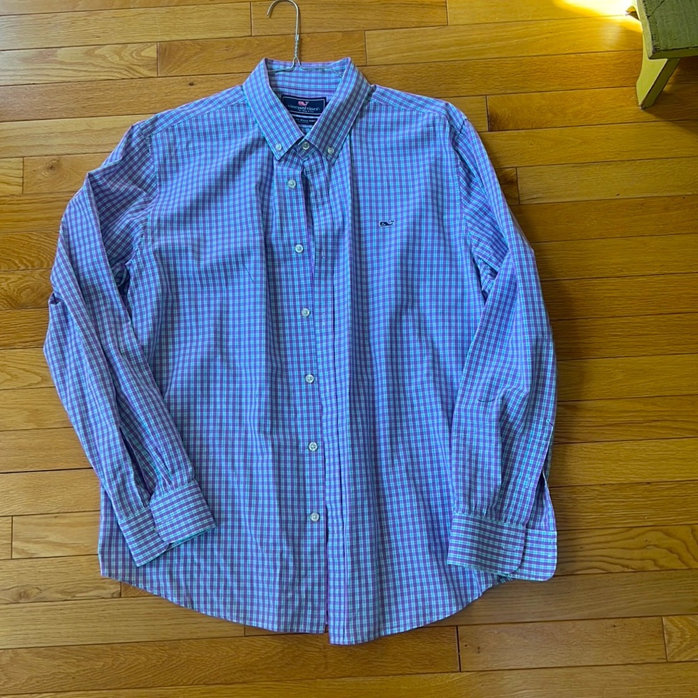 Purple check Vineyard vines cotton slim fit whale shirt in XL